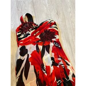 Ladies, red, black and white formal dress